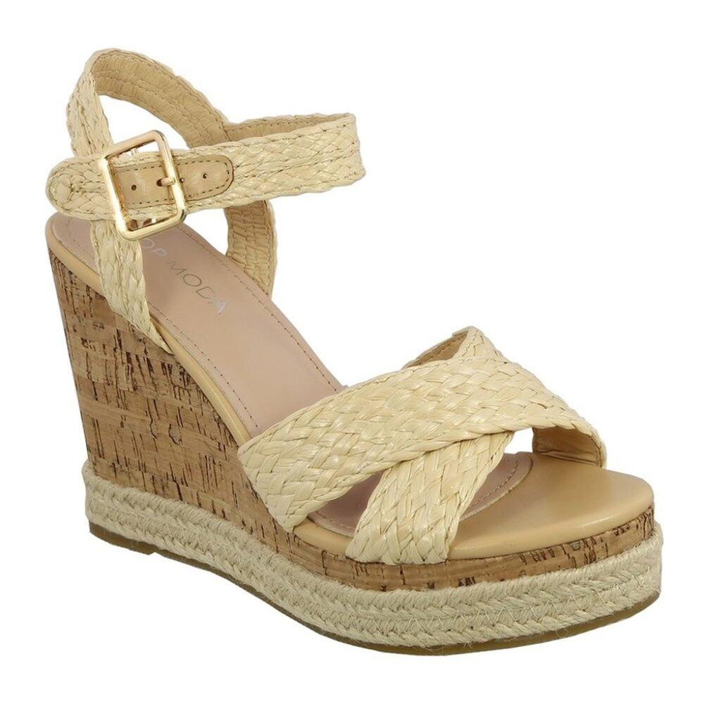Top Moda Beige Raffia Woven Kalina Wedge Sandals